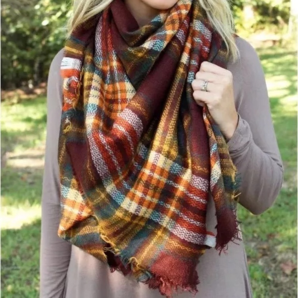 Plaid Burgundy Harvest Wool Blend Blanket Scarf - Picture 1 of 2